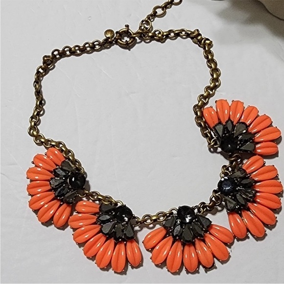 J. Crew Coral and Gold Flower Rhinestone Necklace, Statement Necklace - Picture 14 of 16